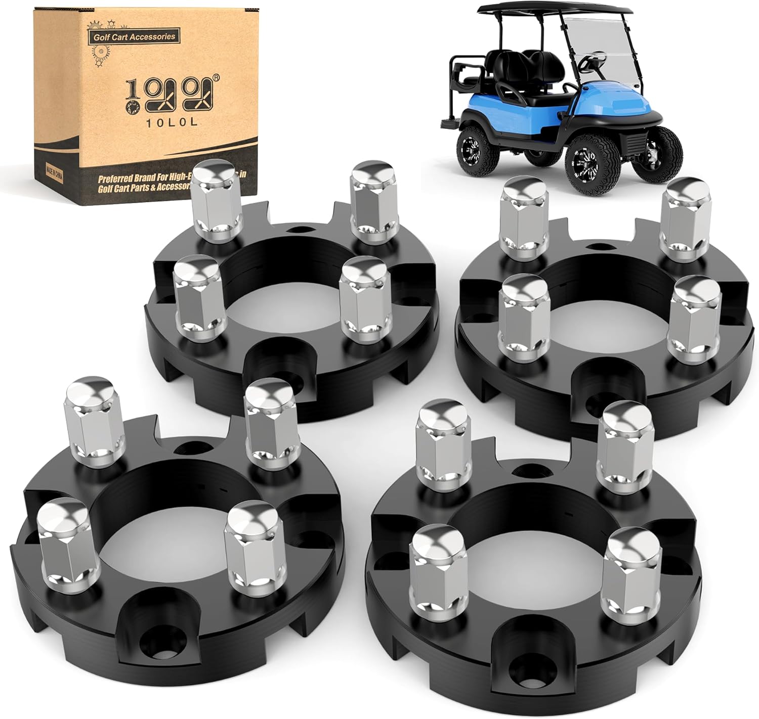 10L0L 1 inch Golf Cart Wheel Spacers Kit with Lug Nuts Fits for Yamaha Club Car EZGO, 4x4 Bolt Pattern, 68mm Hub Bore, 1/2-20 Studs (4 Pack)