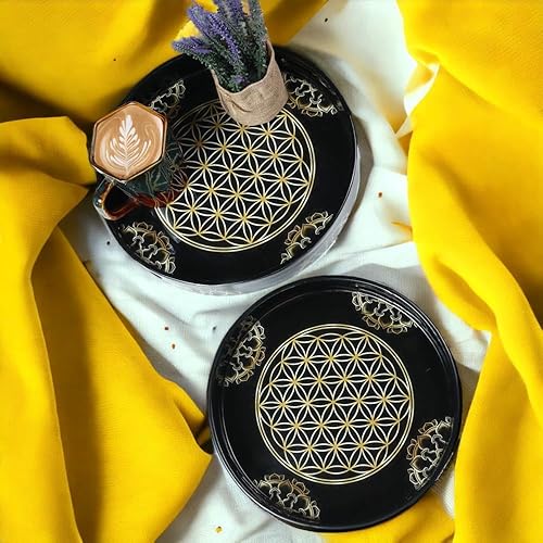 Miniatura 6 de Juego de 2 bandejas redondas de madera con asas, moderna bandeja otomana para té y desayuno, decoración decorativa de cocina, baño y dormitorio