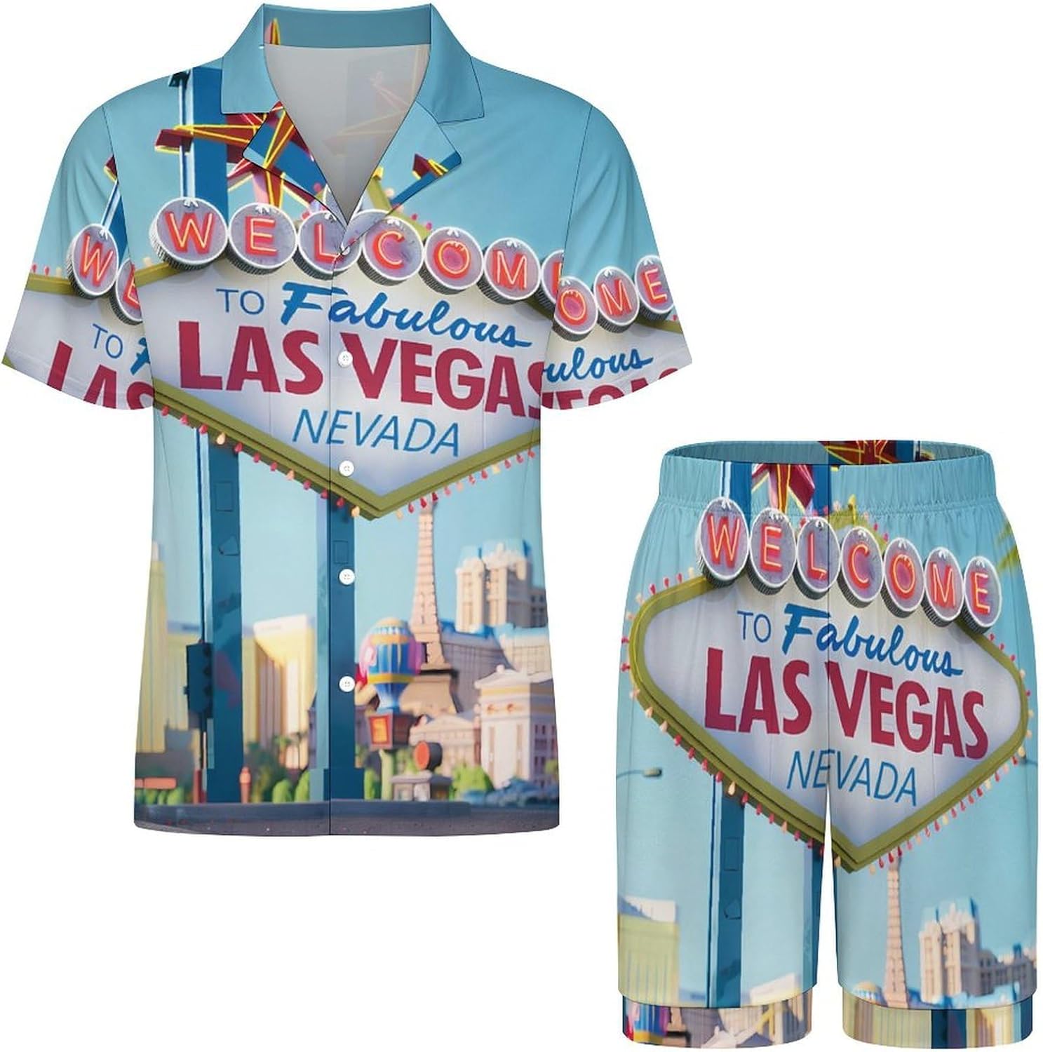 Welcome to Las Vegas Men's Short Sleeve Pajama Set Satin Silk Like Lounge Sleepwear