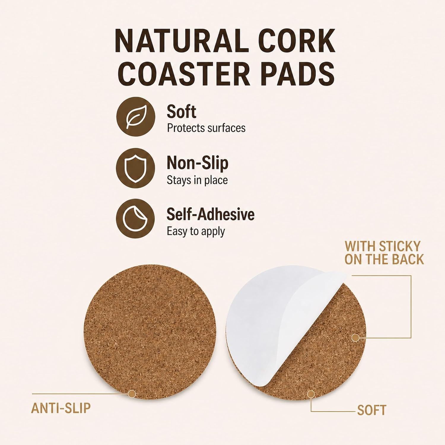 5 Pcs Cork Coaster with Self-Adhesive Backing, 4 Inch Absorbent Heat Resistant Coasters for Cups Glasses DIY Crafts, Round, 5