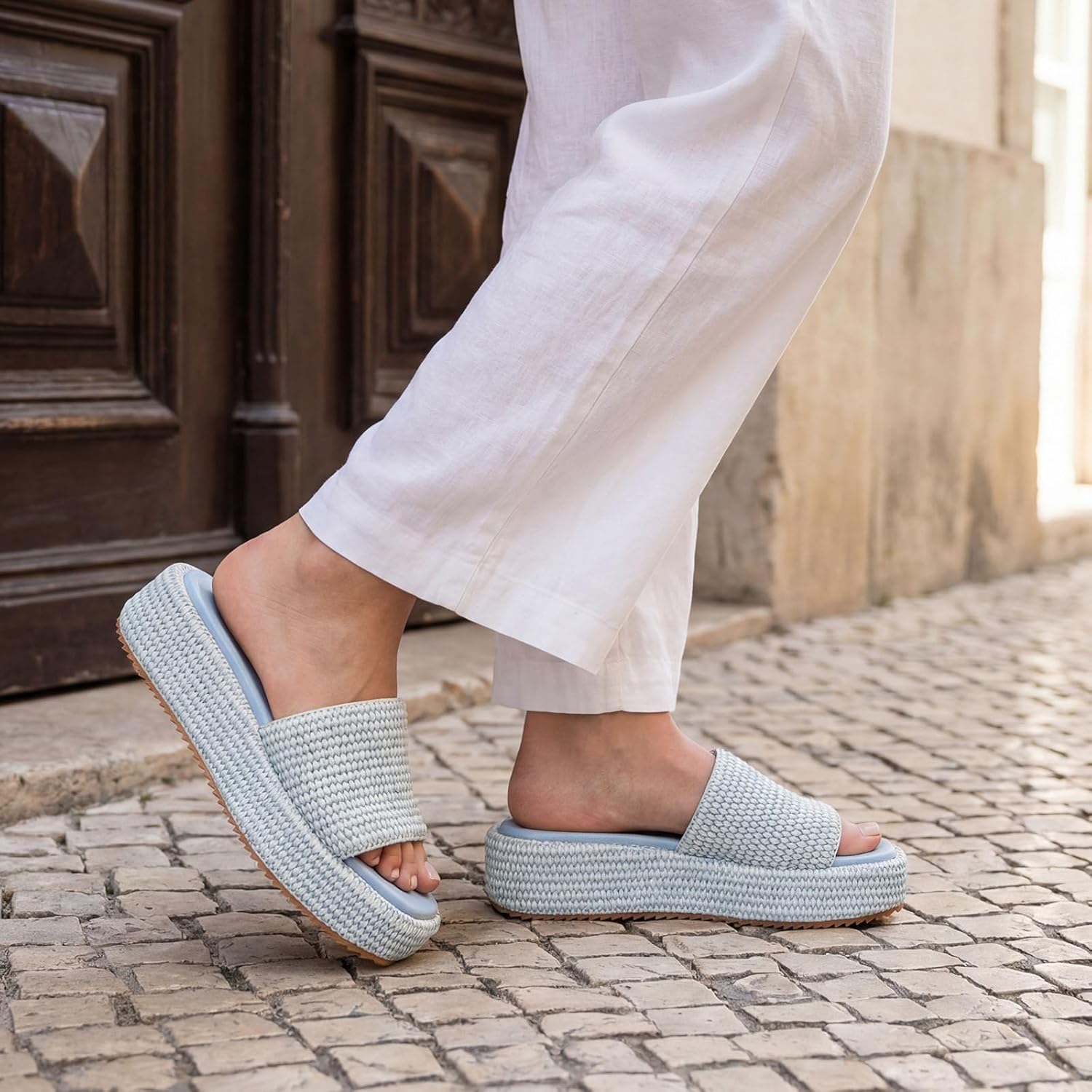 Monrovia Platform Sandals Women Raffia Espadrille Slides, Woven Straw Flatform Beach Sandals Women, Slip On Summer Vacation Shoes, Comfortable Casual Daily Wear - Image 4