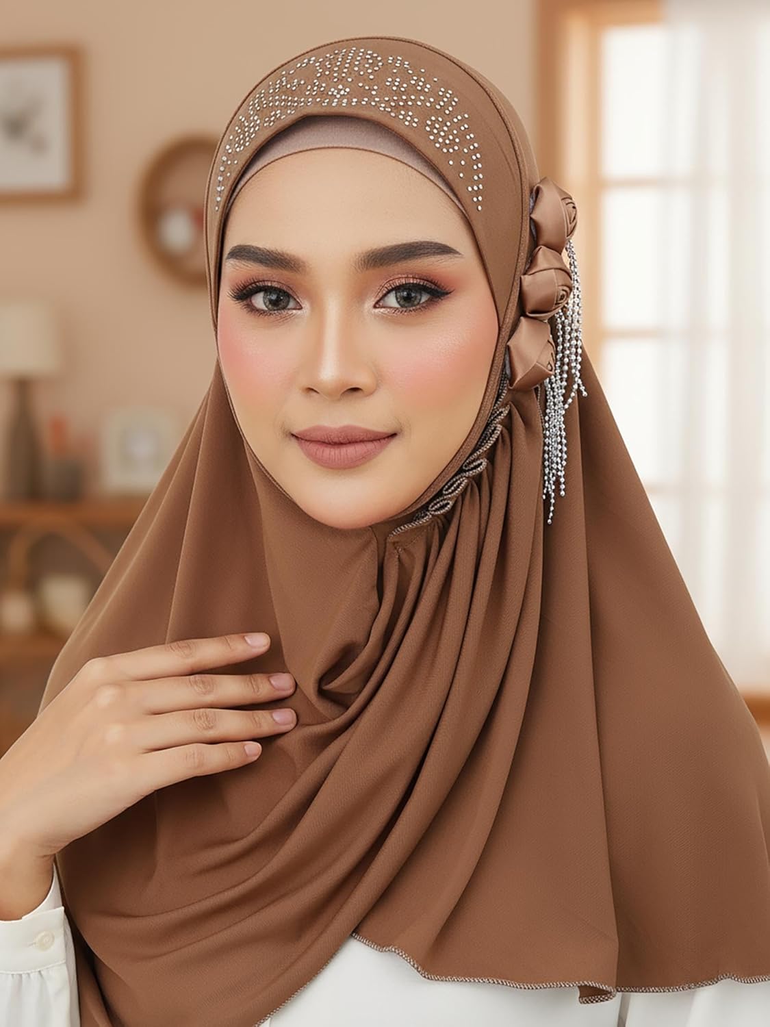 Woeoe Flower Instant Hijab Scarf for Women Brown Jersey Hijabs Muslim Stretch Head Scarf - Image 5