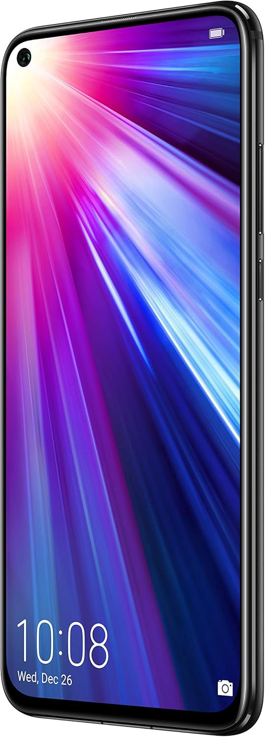 Front view of the Honor View 20 with the screen displaying a colorful wallpaper and the punch-hole camera visible