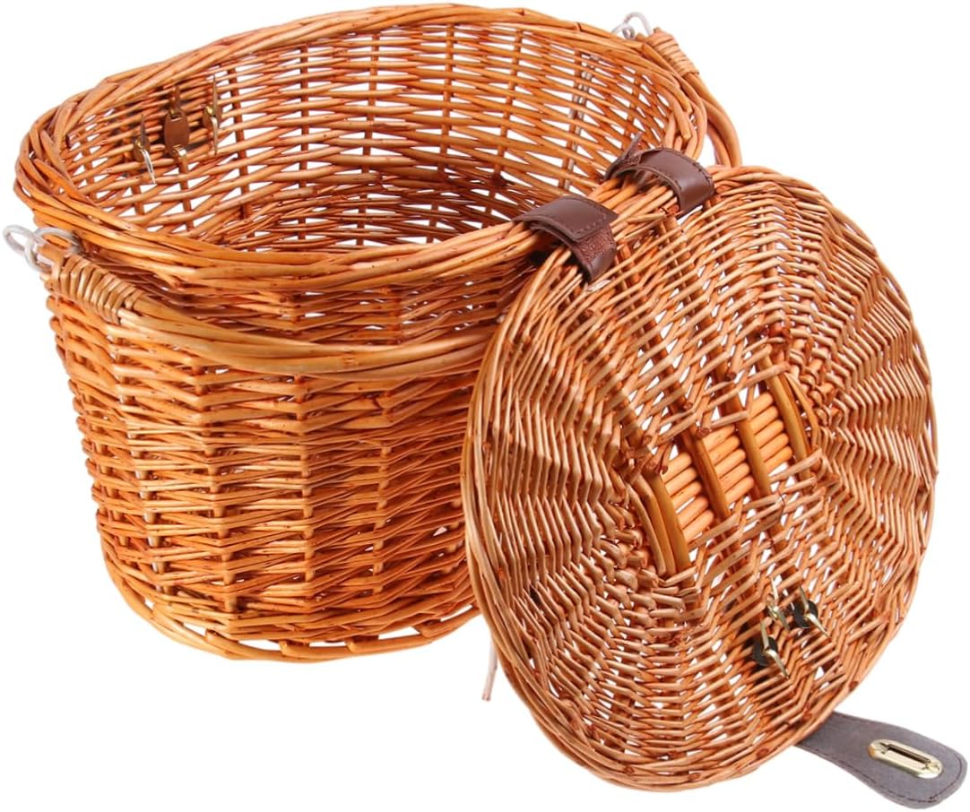 UPKOCH Wicker Bike Basket with Lid and Handle Front Handlebar Storage for Bicycles for Mountain and Electric Bikes Sturdy Woven Design for Groceries and Daily Use