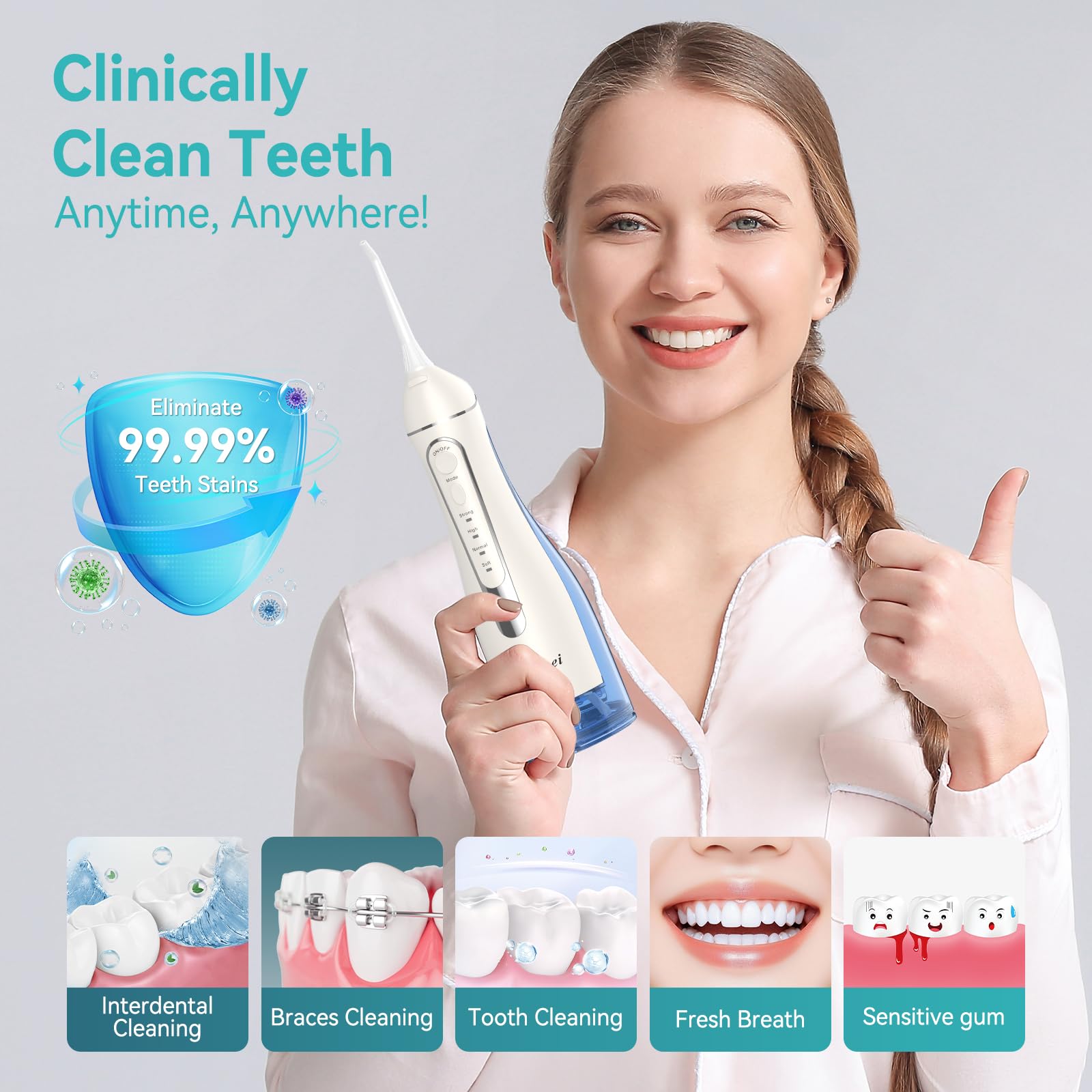Water Dental Flossers for Teeth, 300ML Cordless Portable Electric Water Flosser, 4 Modes Oral Irrigator, Waterproof Rechargeable Water Floss for Deep Cleaning, Plaque Remover,Braces Home Travel Use: Warm White