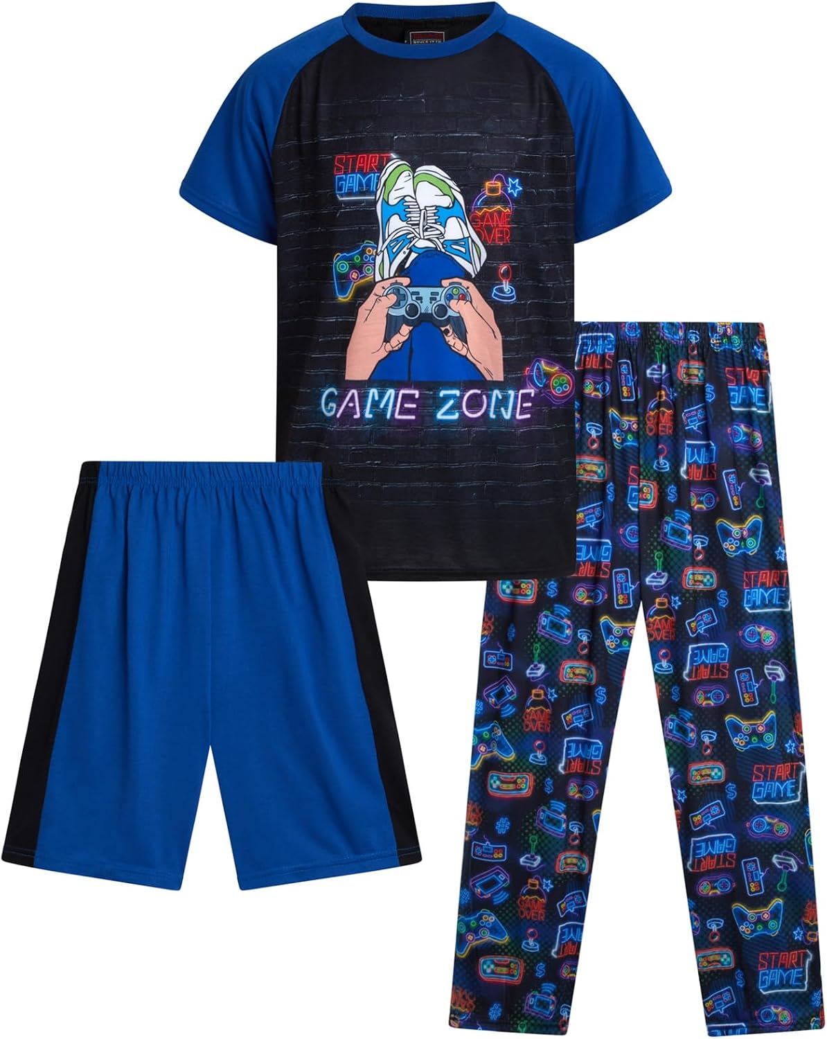 Quad Seven Boys Pajamas Set - 3 Piece Short Sleeve Sleep Shirt Pull On Lounge Shorts and Boys Pajama Pants for Kids (8-18)