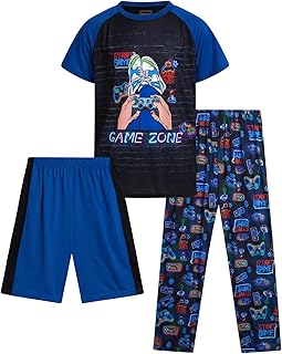 Quad Seven Boys Pajamas Set - 3 Piece Short Sleeve Sleep Shirt Pull On Lounge Shorts and Boys Pajama Pants for Kids (8-18)