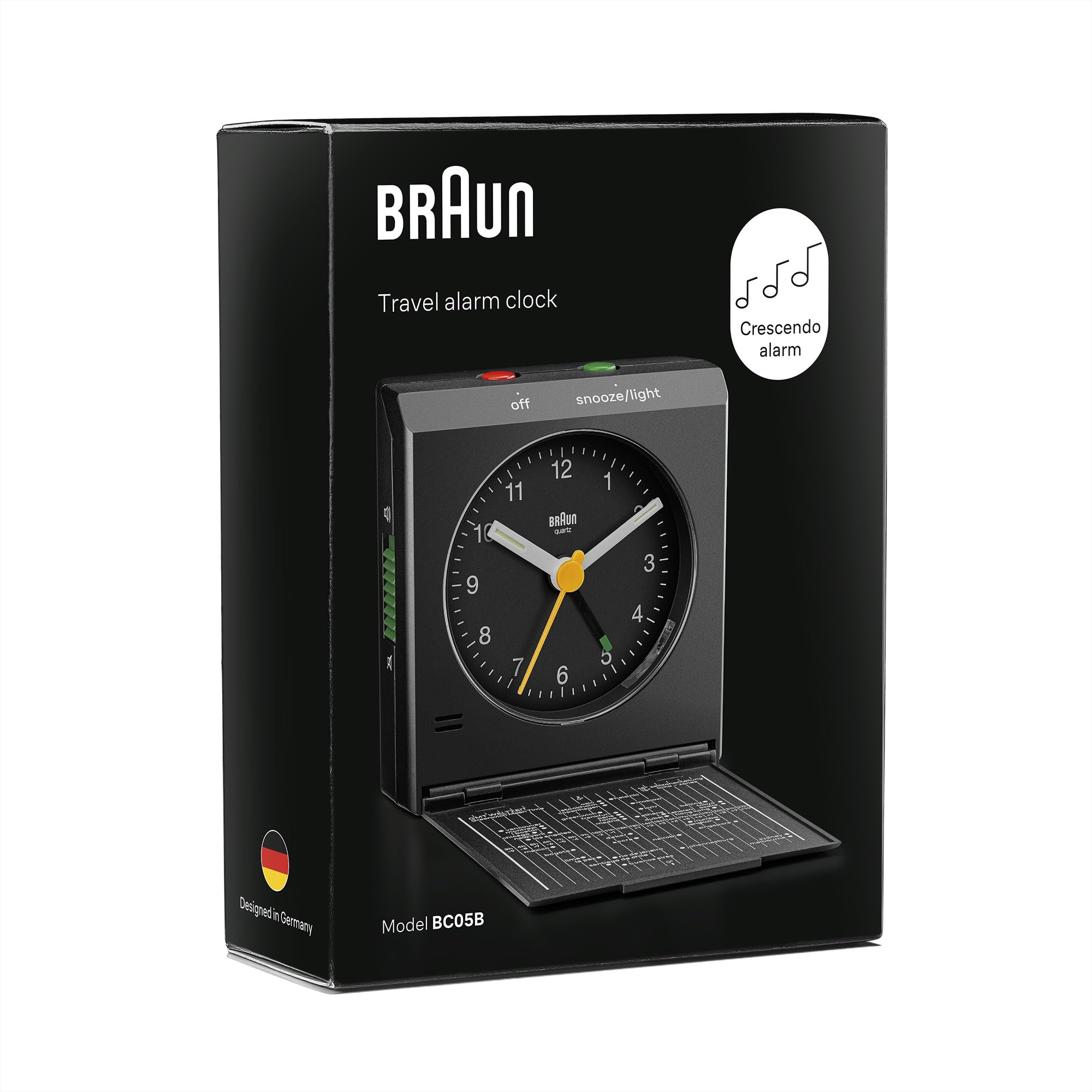 Braun klassischer analoger Reisewecker mit Schlummerfunktion und Licht, Vintage-Design, kompakte Größe, Klappdeckel mit Weltzeitzonenkarte, leises Quarzwerk, Crescendo-Piepton-Alarm in Schwarz, BC05B