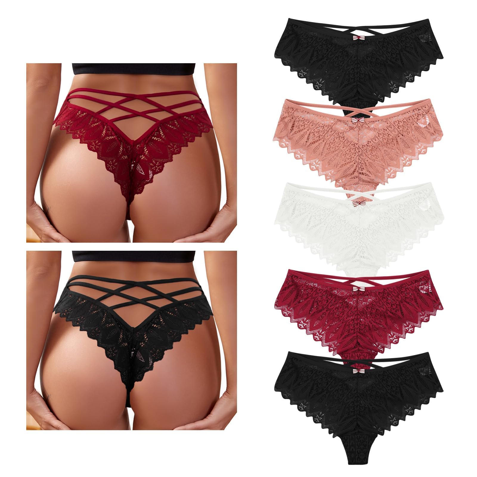 Lishang Zestaw 5 stringów damskich, seksowne eleganckie koronkowe stringi, niskie figi, majtki damskie, kobieca bielizna, kuszące stringi