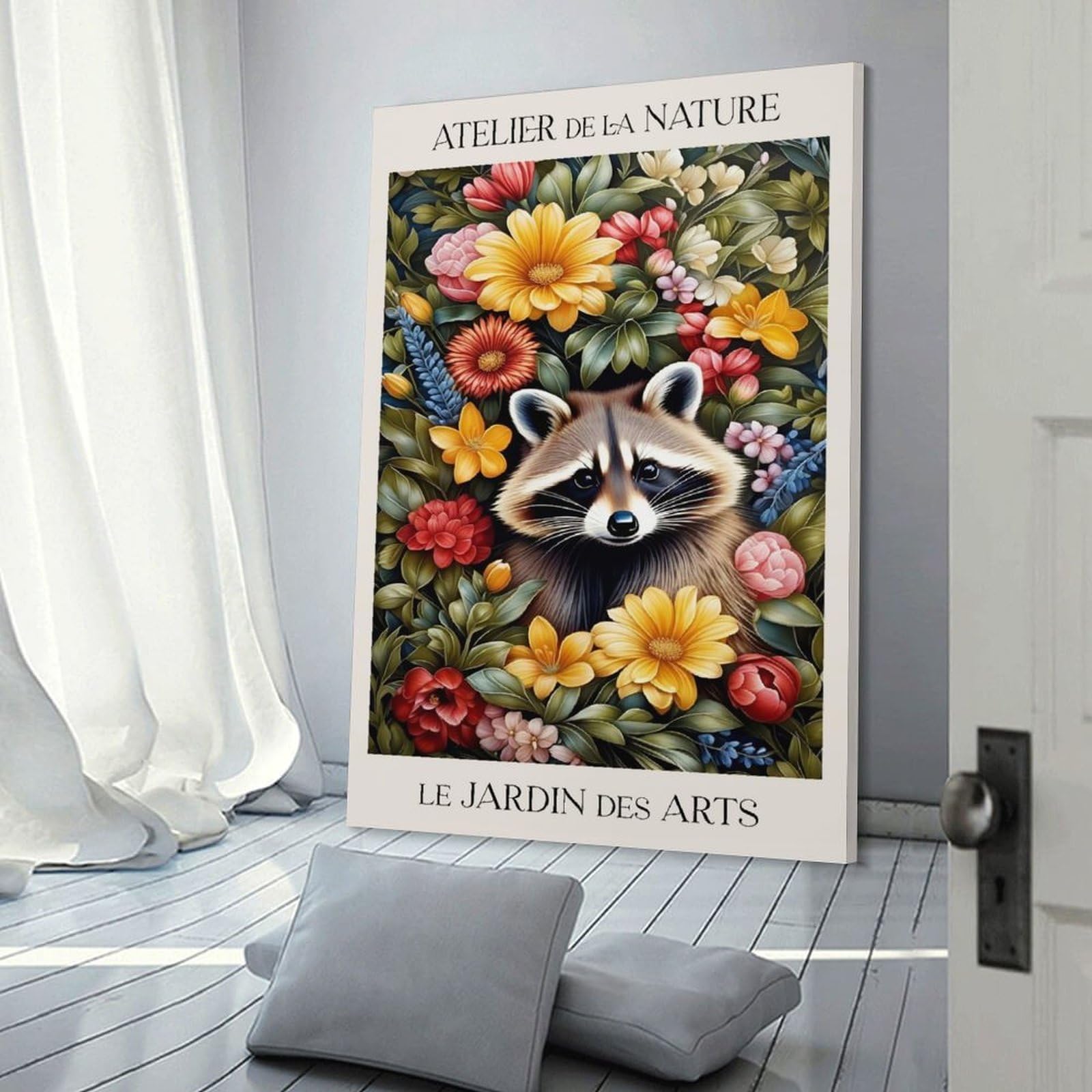 Junmoney Decorative Canvas Print Funny Racoon in Flowers, 24x36inch(60x90cm), for Office, Study Or Home Workspace, Decorative Artwork for Productive Spaces