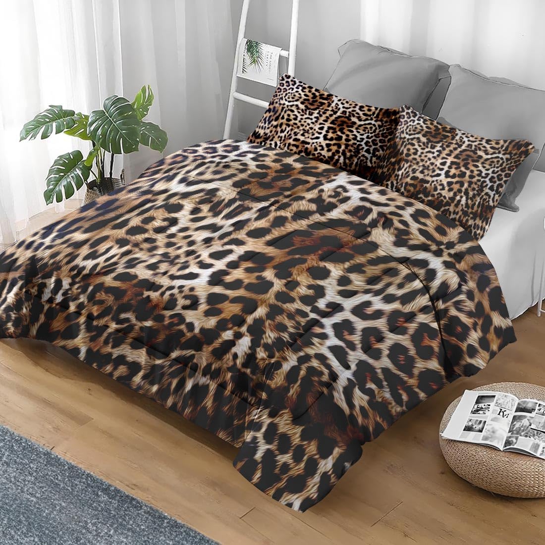 Pamnest Comforter Set Full Size, Leopard Cheetah Retro Soft 3 Pcs Bedding for Kids and Adults, African Cat Animal Brown Comforter Set with 2 Pillowcases, for Bedroom Bed Decor