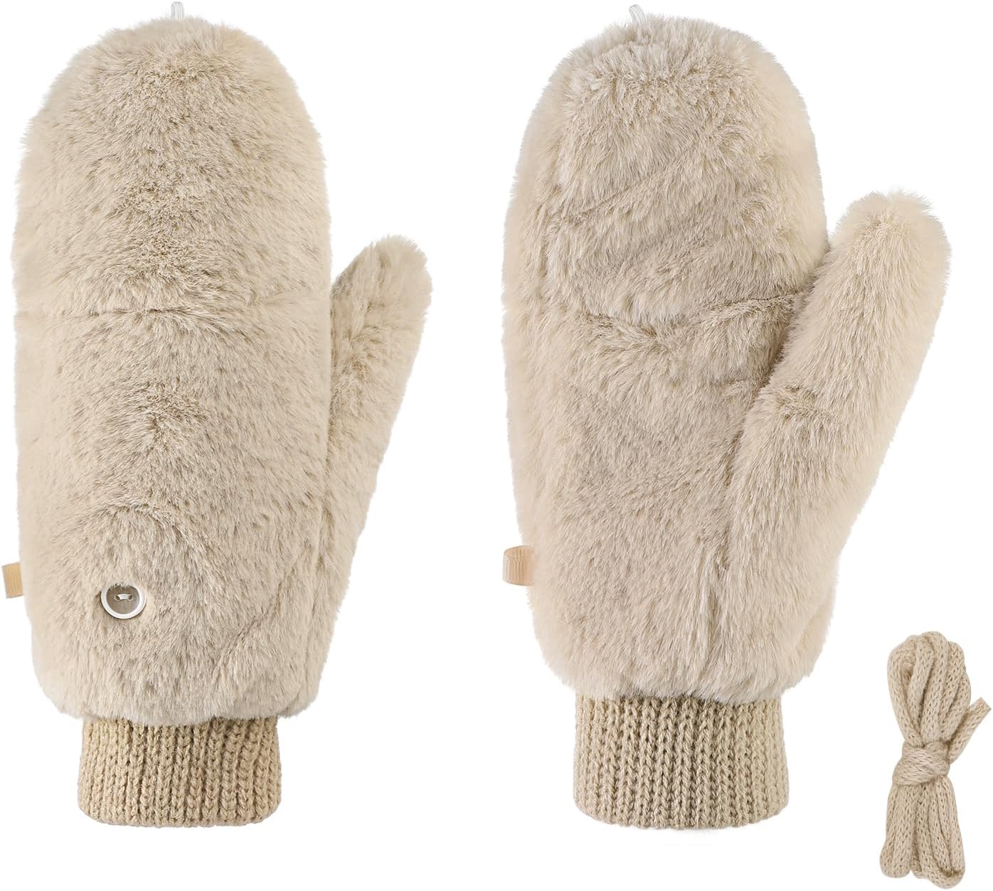 XGOPTS Women Winter Faux Fur Flip Cover Mittens Warm Convertible Fingerless Gloves Knit Thick Fuzzy Gloves for Cold Weather - Image 5