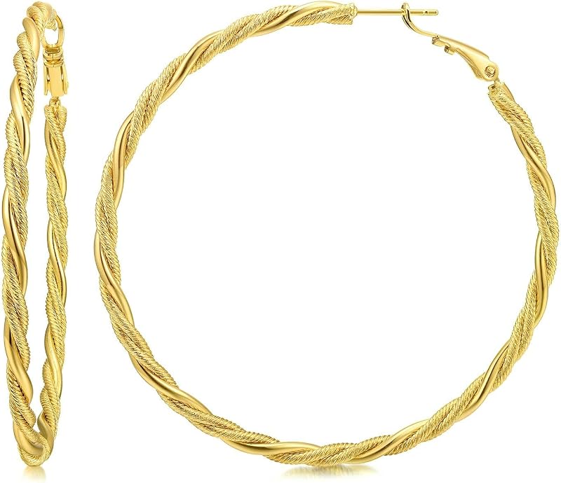 Gold Hoop Earrings for Women, 18K Gold Plated Twisted Rope Design, Textured Thin Round Hoops with Sterling Silver Post Hypoallergenic 20-70mm