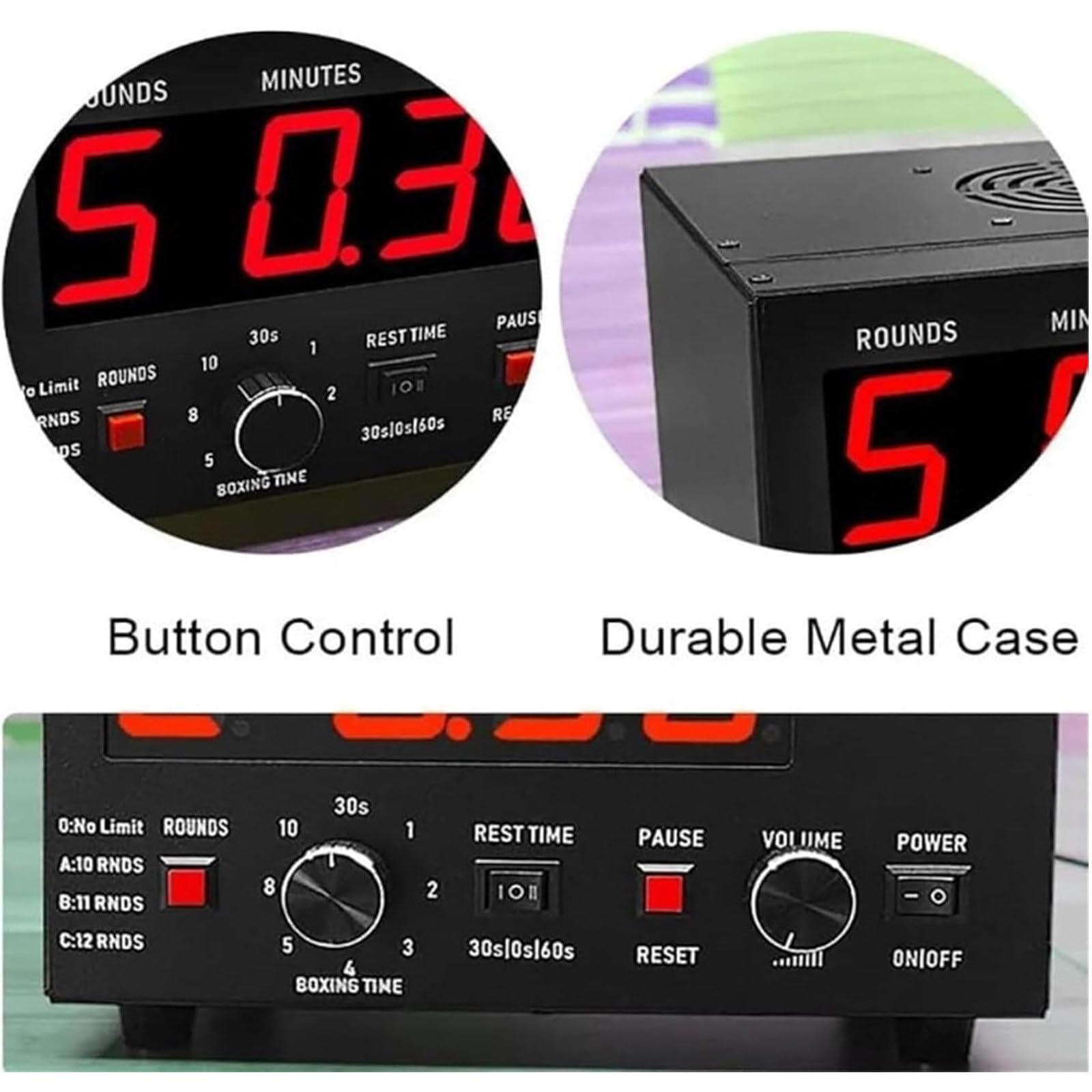 Timer professionale a intervalli da boxe con display a LED, 1-12 giri di sfida, cicalino regolabile, timer da palestra per allenamento, attrezzatura da boxe