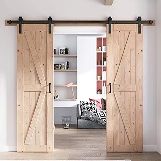 FREDBECK 48 x 84 Inch (Double 24x84 Inch Doors) Barn Doors with 8FT Barn Door Hardware Kit and Handle Included K Shape Solid Spruce Wood Panel Need to Assembly