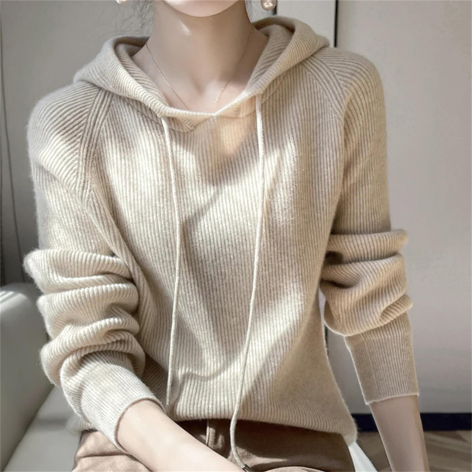 Maglione da donna in cashmere con cappuccio in maglia con cappuccio primaverile con colletto con cappuccio camicia base top allentato giacca da donna bianca, bianco, L
