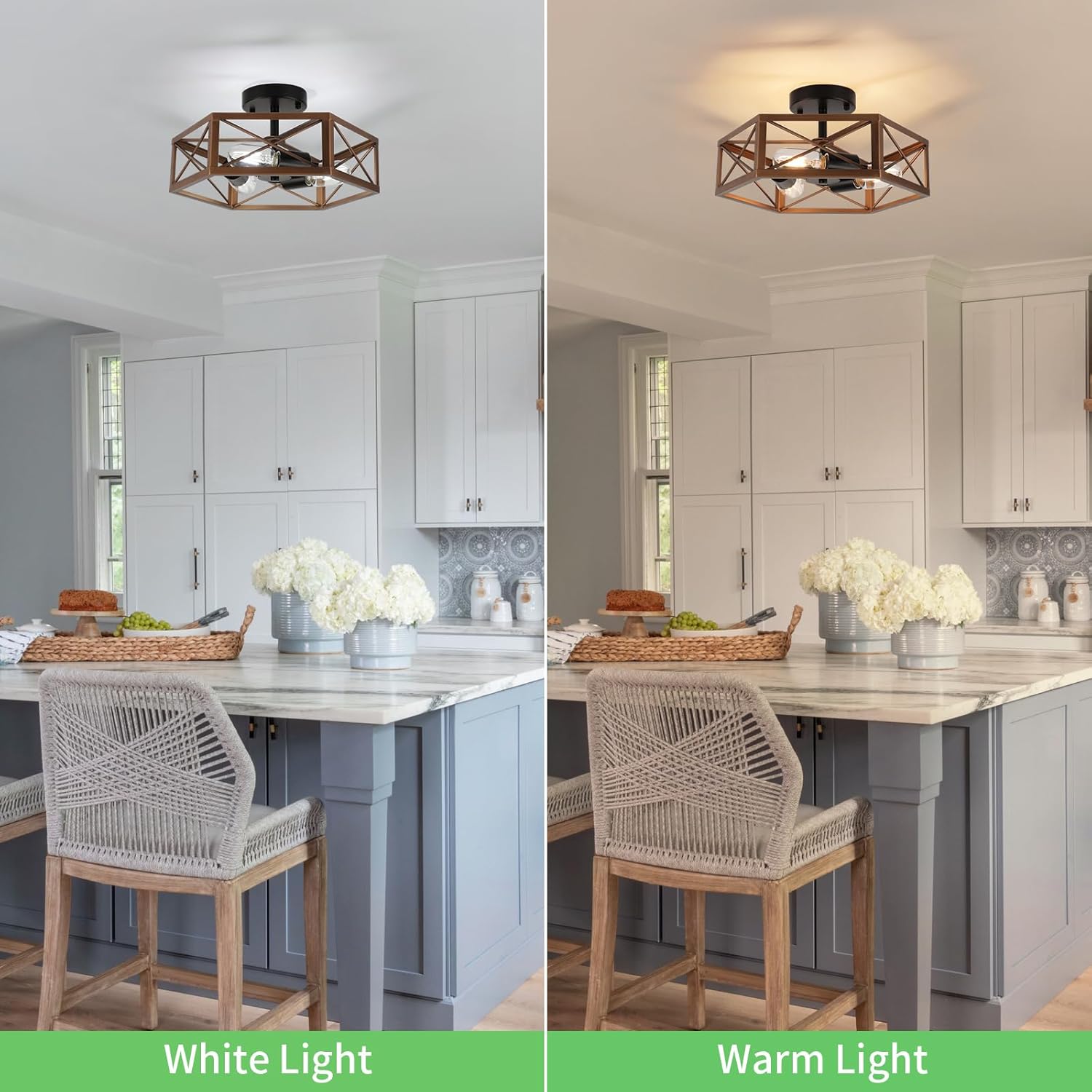 WILON Flush Mount Ceiling Light Fixture for Kitchen - 3 Light Industrial Close to Ceiling Lighting, Bronze Farmhouse Metal Cage Hexagon Lamp for Hallway Kitchen Dining Room Entryway Foyer