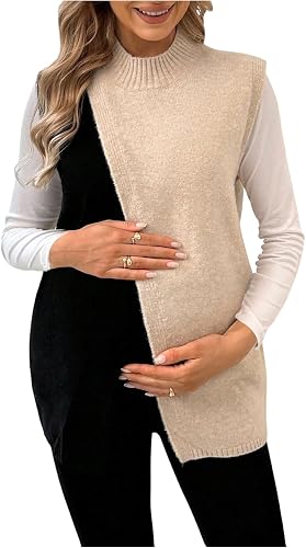 MakeMeChic Women's Maternity Sweater Vest Mock Neck Sleeveless Color Block Pregn
