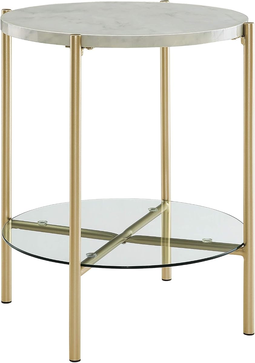 Blaine Mid Century Modern Marble and Glass Round Accent Table, 20 Inch, Marble and Gold