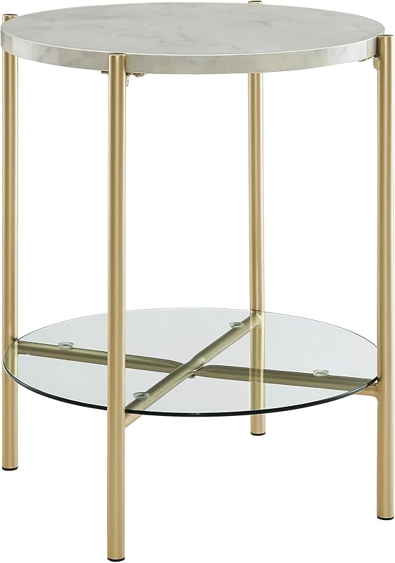 Blaine Mid Century Modern Marble and Glass Round Accent Table, 20 Inch, Marble and Gold