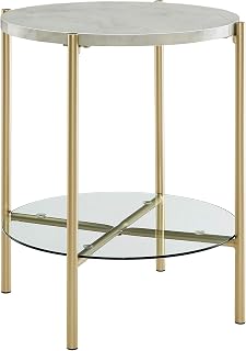 Blaine Mid Century Modern Marble and Glass Round Accent Table, 20 Inch, Marble and Gold