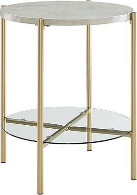 Walker Edison Blaine Mid Century Modern Marble and Glass Round Accent Table , 20 Inch, Marble and Gold