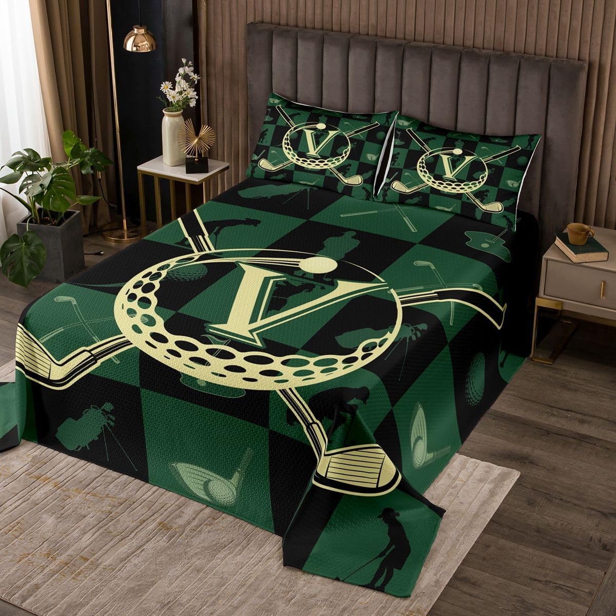 Erosebridal Personalized Initial X Coverlet Set Queen Ball Game Alphabet Letter Bedspread Sports Black Green Patchwork Room Decor Quilt Set for Kids Adults,Monogrammed Golf Club Bedding Quilted