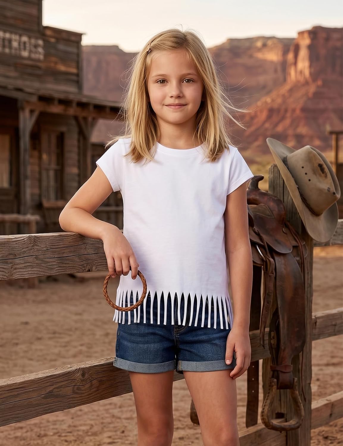 Noomelfish Girls Short Sleeve Fringe T-Shirts Soft Jersey Cotton Tee Tops (3-12 Years)