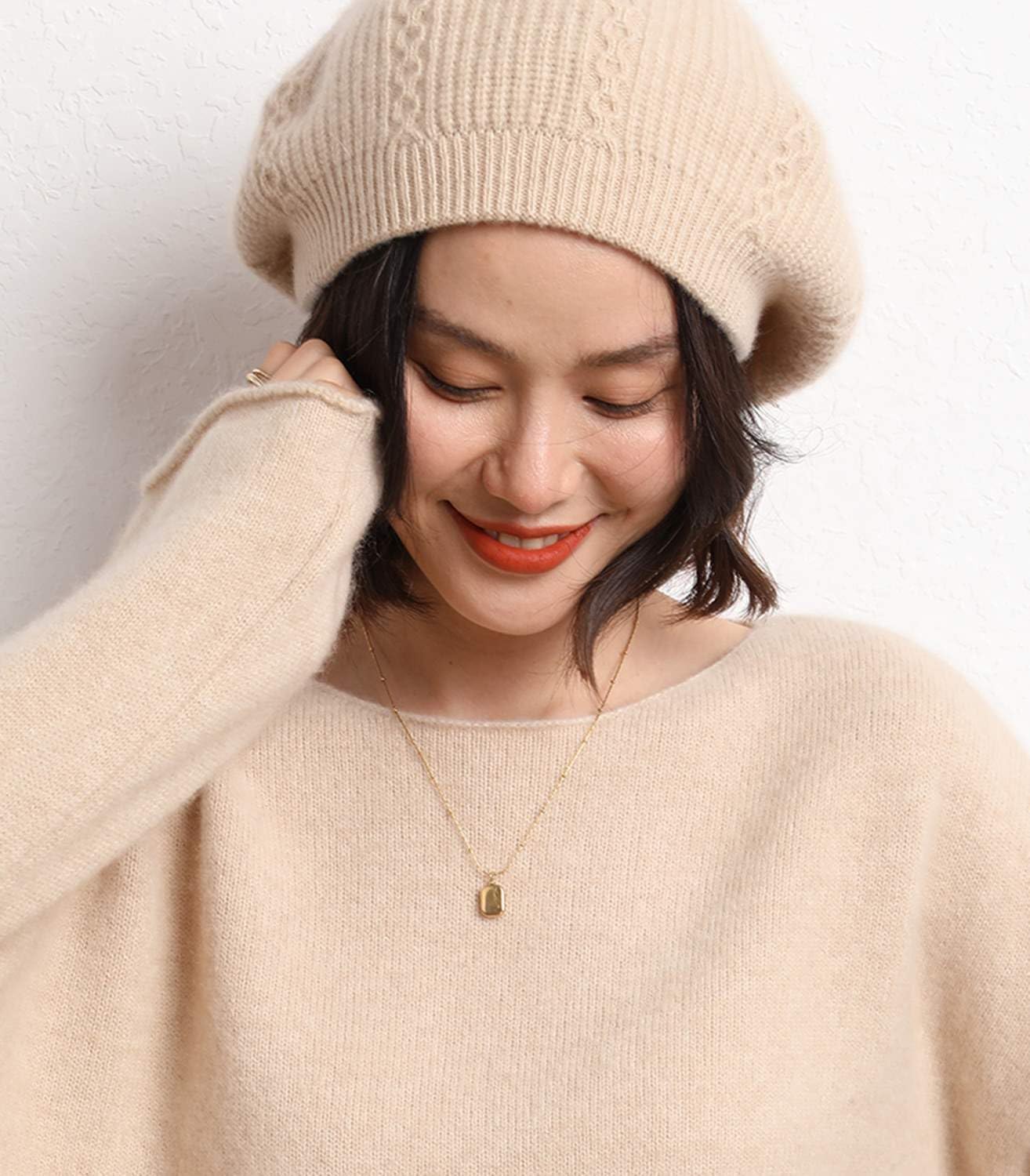 100% Merino Wool Berets Hats Women Winter Warm Knitted Oversized Beige Beanie