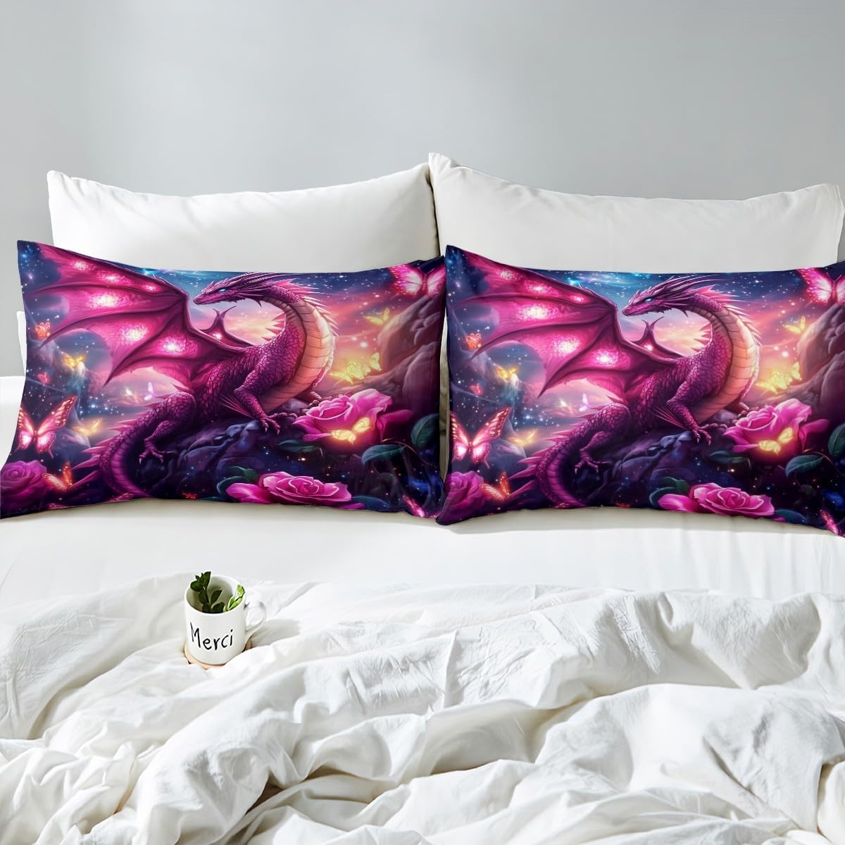jejeloiu Pink Dragon Bedding Duvet Cover Set Toddler Size Romantic Rose Bedding Set for Kids Boys Girls Ancient Wildlife Decor Comforter Cover Set Home Decor Bedspread Cover,No Stuffing