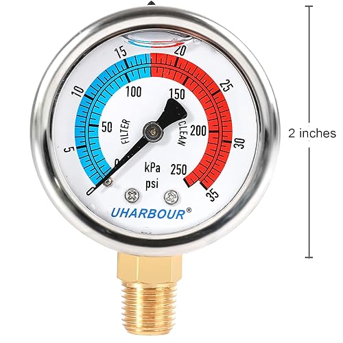 Miniatura 10 de Medidor de presión de agua, medidor de presión de filtro de piscina relleno de glicerina 0-50 PSI350KPA, dial de 2 pulgadas y montaje inferior NPT