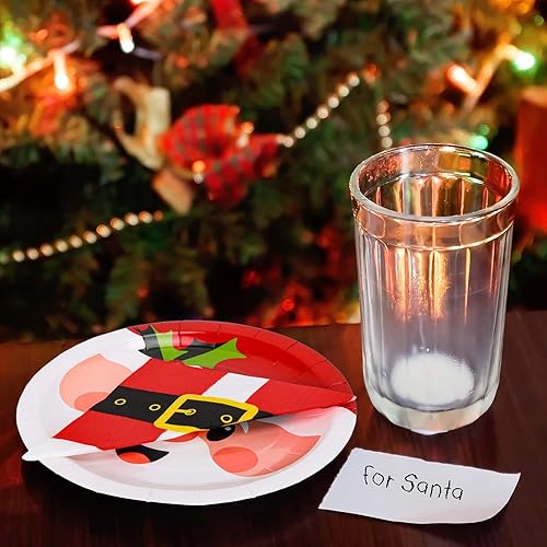 Miniatura 7 de Whaline Juego de 90 piezas de suministros de fiesta de Navidad platos de papel con patrón de Papá Noel de 9 pulgadas y cinturones de Papá Noel de 65