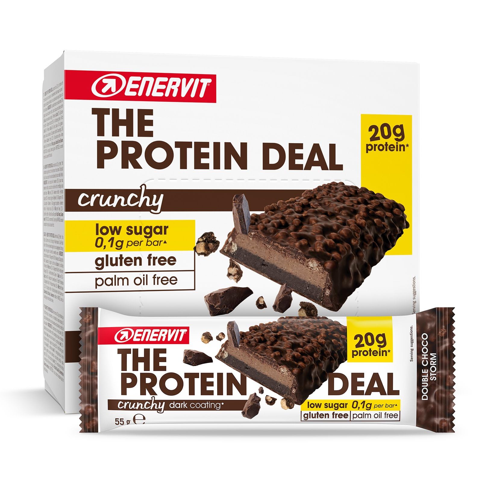 Enervit The Protein Deal Crunchy Double Choco Storm, Barritas Proteicas, Sabor Chocolate Negro, 20g de Proteínas, 0,1g de Azúcares, Snack Delicioso, Sin Gluten, 12 Barritas de 55g