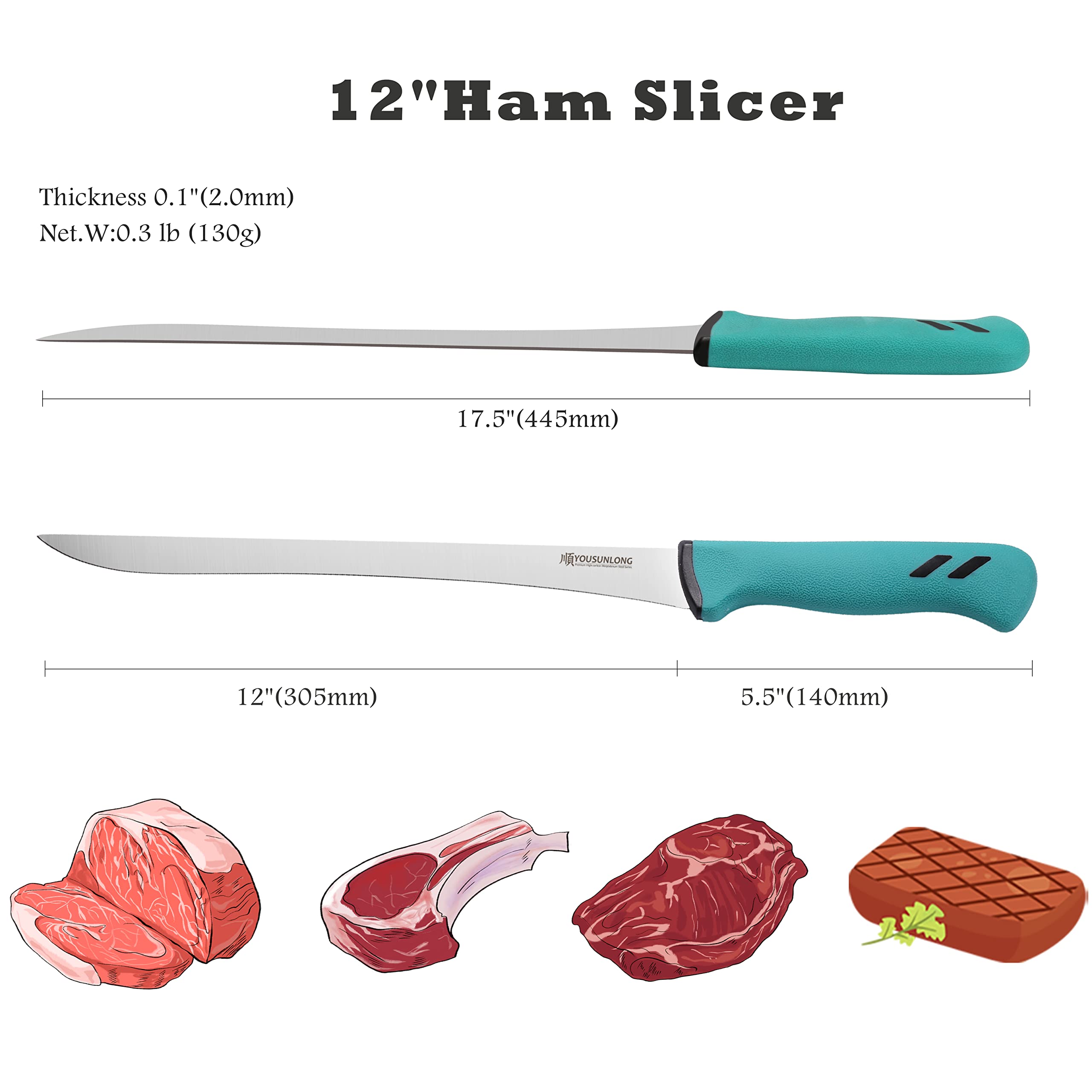 YOUSUNLONG Aufschnittmesser Schinkenmesser – 12 Zoll (305 mm) – Super scharf – Edelstahl mit hohem Kohlenstoffgehalt – Fleisch- und Schinkenschneider – gebogene, flexible Klinge…