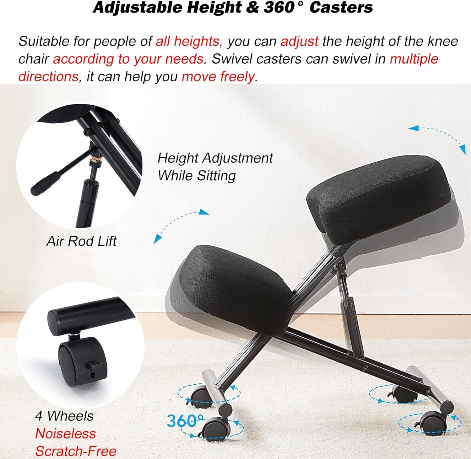 Office Chair Cross Legged Chair，Height Adjustable Kneeling Desk Chair with 4 Universal Wheels, Black Meditation Chair with Thick Seat, Ergonomic Kneeling Chair for Office/Classroom