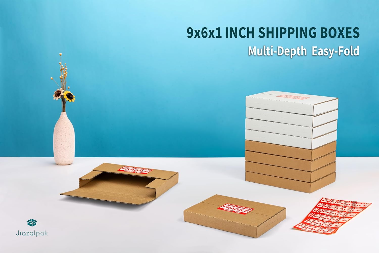 9x6x1 Inch Shipping Boxes, Brown Corrugated Cardboard, Multi-Depth DVD Mailer Boxes with Fragile Stickers, 25 Pack