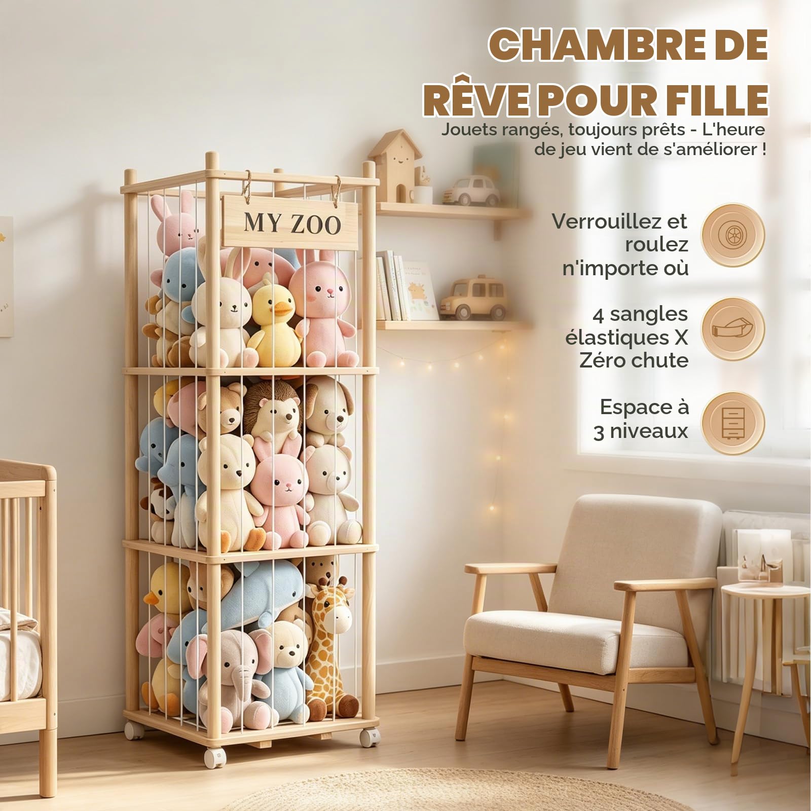 Rangement pour peluches, en bois, avec freins à 360°, grande capacité, 135 x 40 x 40 cm, pour salle de jeux, chambre d'enfant, chambre à coucher
