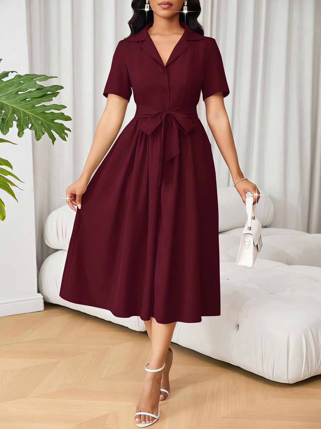 Women's Elegant V-Neck Flowy A-Line Dress Flared Short Sleeves Cinch Waist Cocktail Date Party Midi Dresses - Image 6