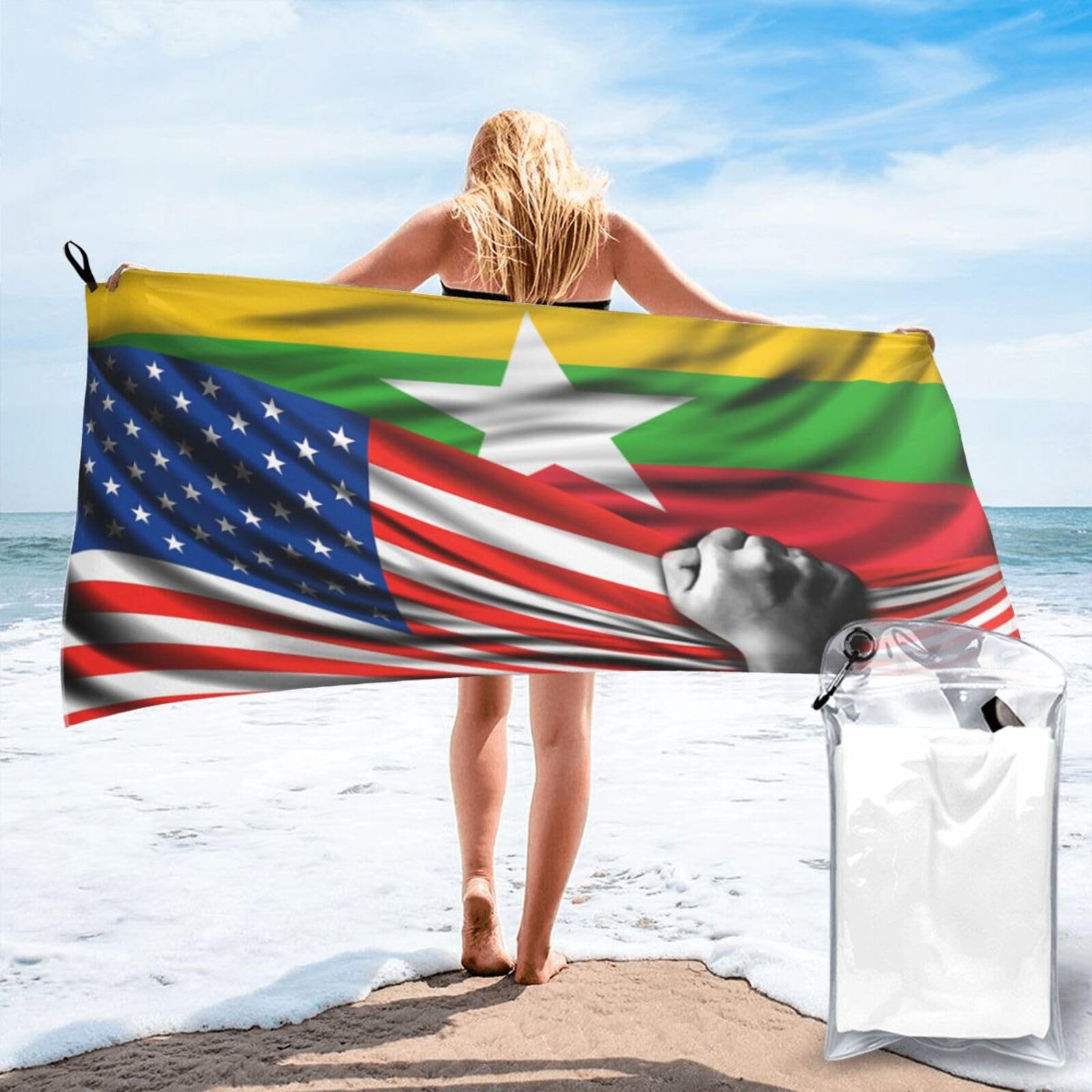 HACXZ Beach Towel America Flag and Myanmar Myanmarese Flag Microfiber Beach Towel Lightweight Absorbent 31.5"X63"