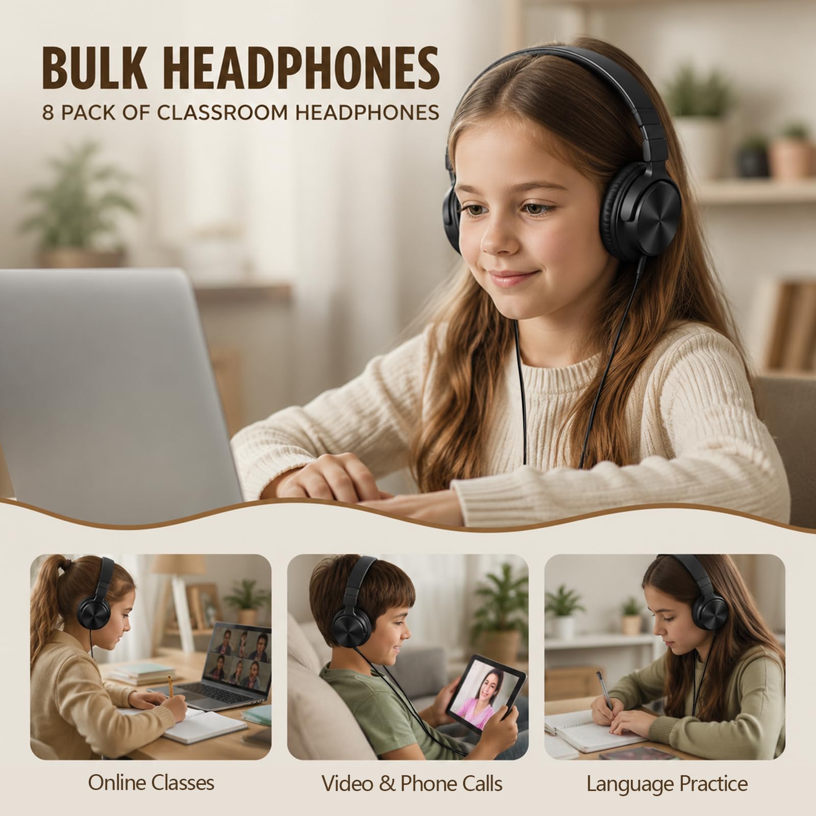Lot de 8 casques de classe pour étudiants – Écouteurs intra-auriculaires de qualité supérieure pour enfants K-12 et salles de classe, ultra durables et faciles à nettoyer avec réduction passive du