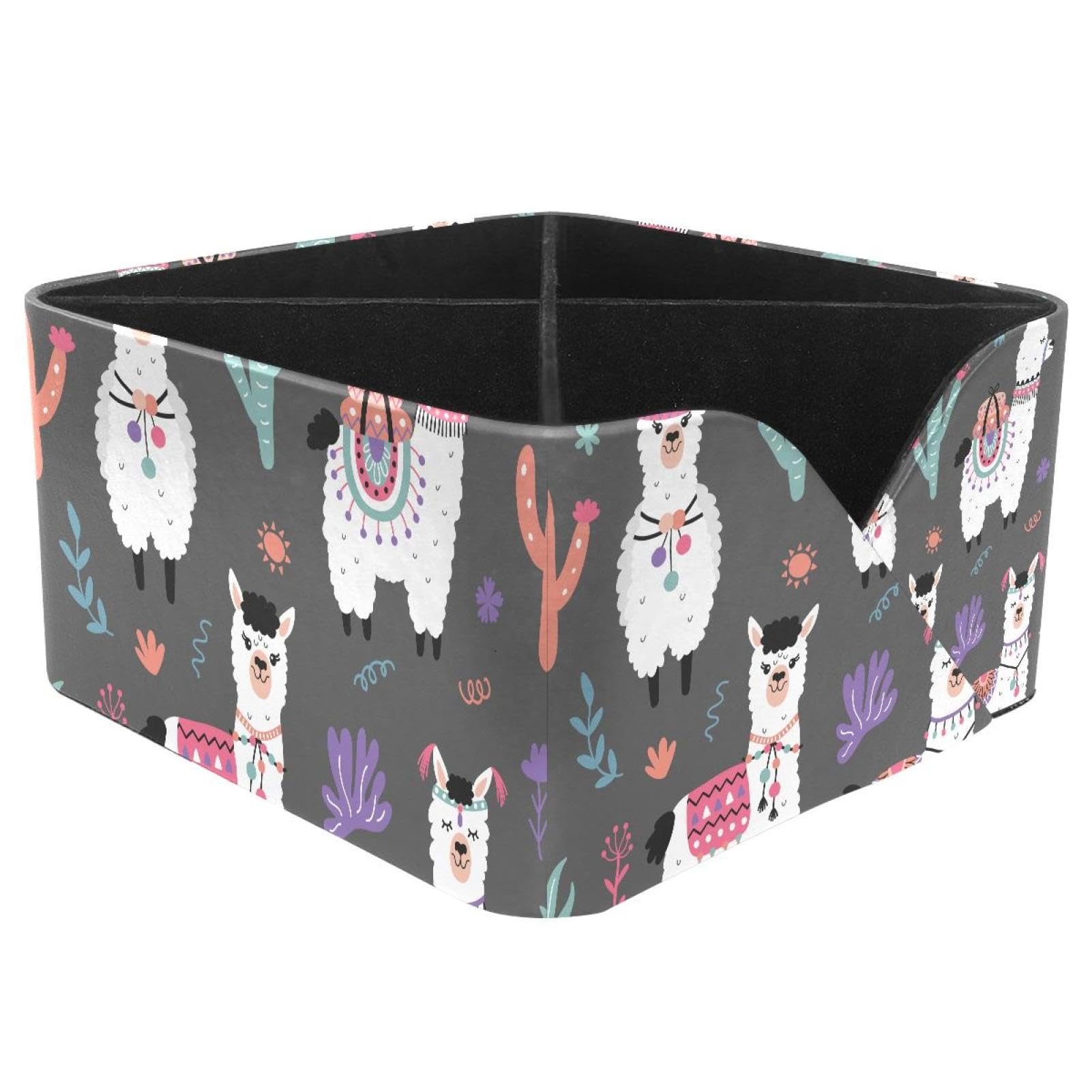 KengjuTesu Cartoon Llama Alpaca Floral Cactus Pattern Desktop Organizer Pen Holder, Rectangular Pencil Cup for Office, Study and Makeup Stations