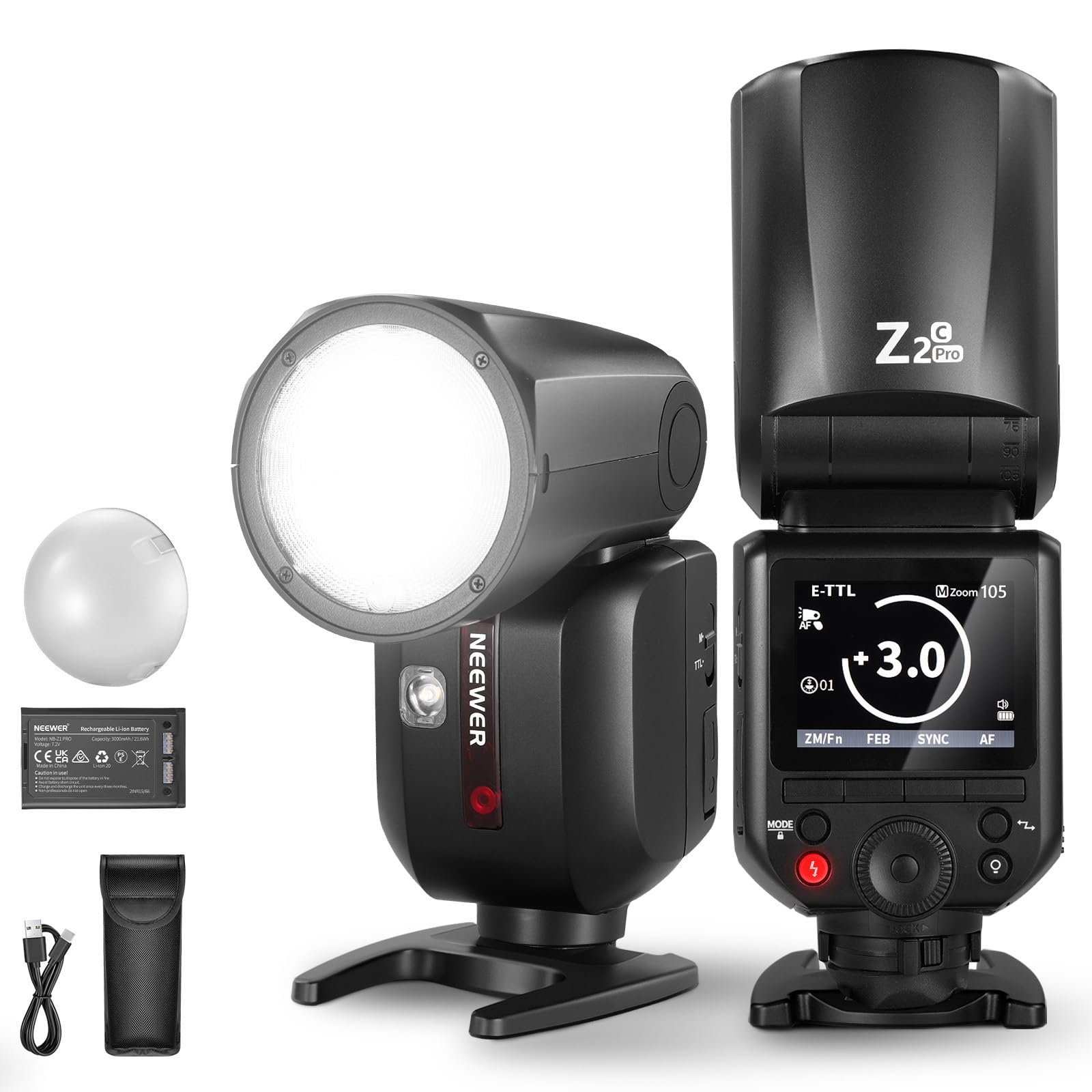 NEEWER Z2PRO-C 2.4G TTL Round Head Flash Speedlite Compatible with Canon Camera, Wireless Compatible with Godox, 76Ws 1/8000s HSS, Upgraded UI, TTL/M TCM Switch, 3000mAh 600 Full Power Light, Diffuser