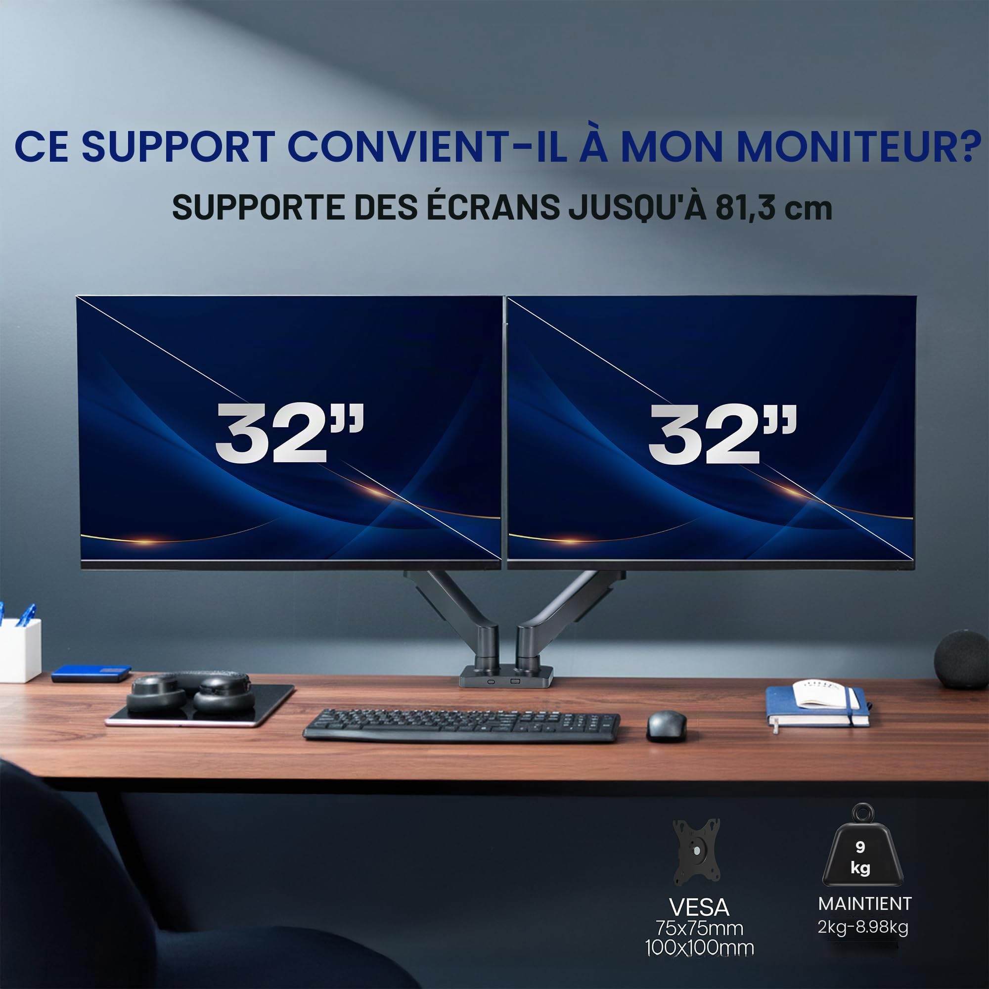Vivo Support de Bureau à Double Bras réglable en Hauteur, inclinable, pivotant, Support pneumatique à contrepoids, Bras de Support VESA Compatible avec la Plupart des écrans jusqu'à 32", Classique,