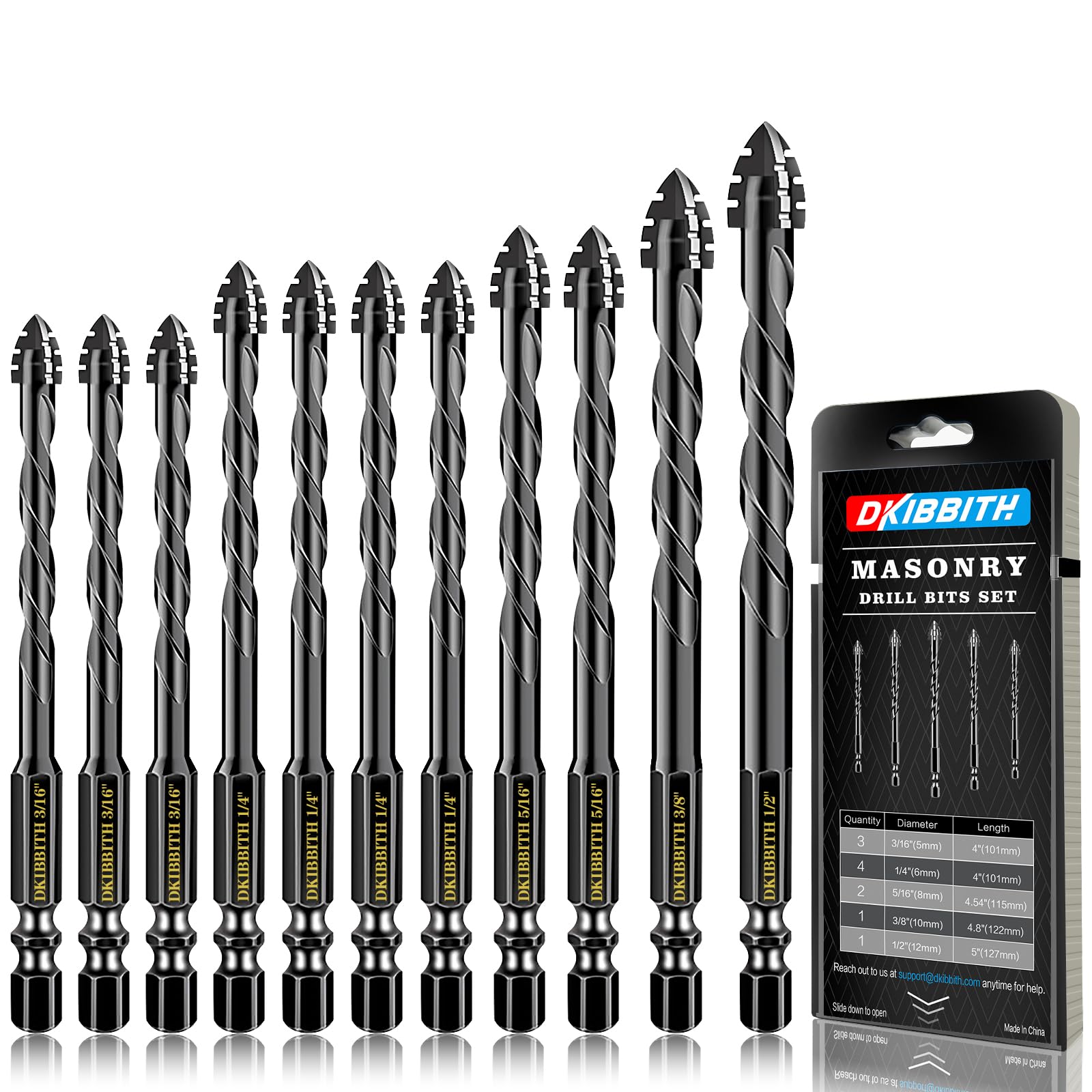 DKIBBITH Set di punte seghettate per muratura a 4 scanalature, 11 pezzi, colore nero, da 3/16" a 1/2" per cemento, piastrelle, mattoni, vetro, ceramica, legno.