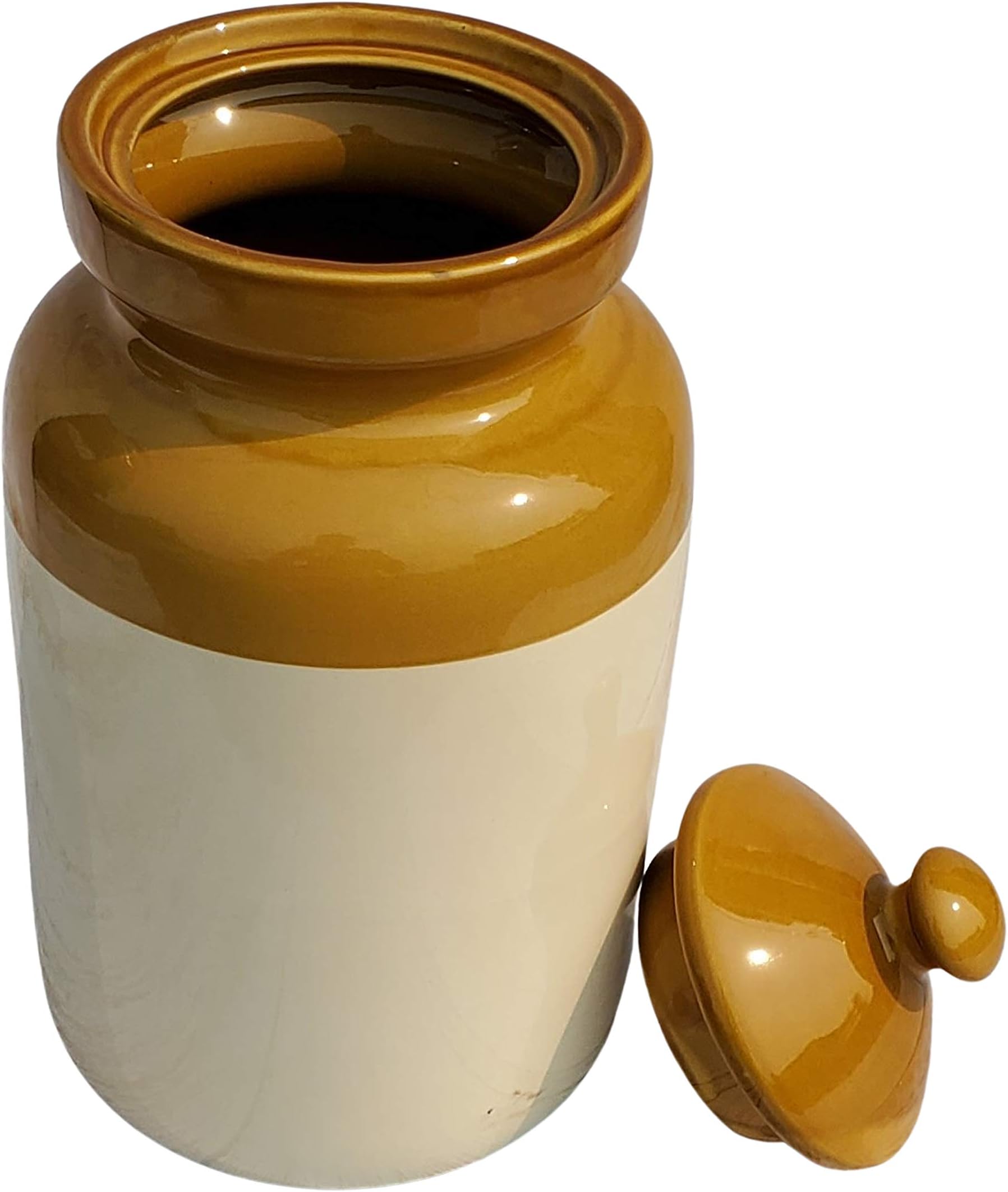 Pure Source India Ceramic Pickle Jar With Lid - 5000 ML, 1 Piece, Ivory and Brown