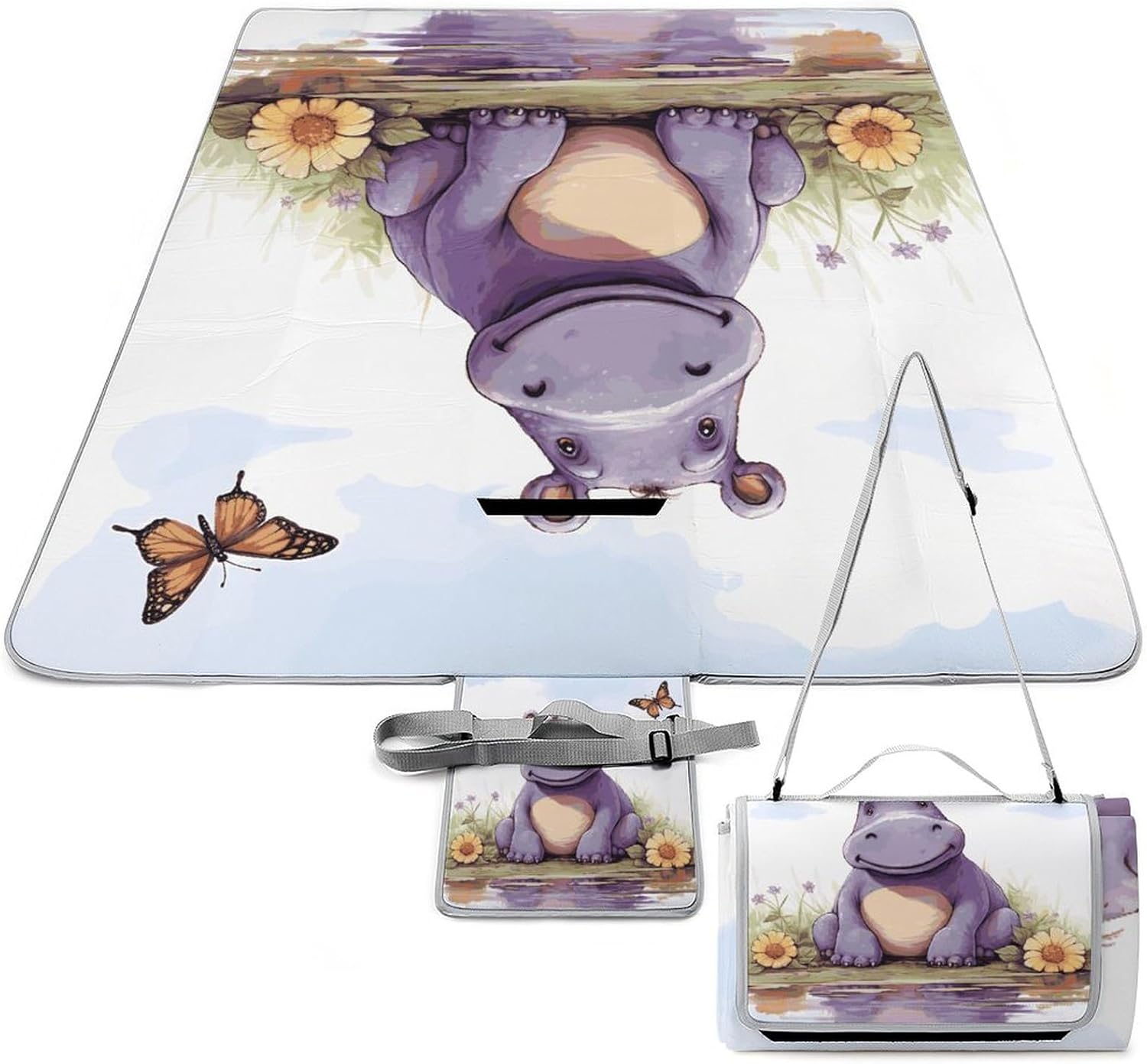 Outdoor Picnic Blanket Extra Large Beach Blanket Waterproof Picnic Mat Butterfly and Hippo Camping Blanket Portable with Carry Strap Park Blanket for Grass Camping Park