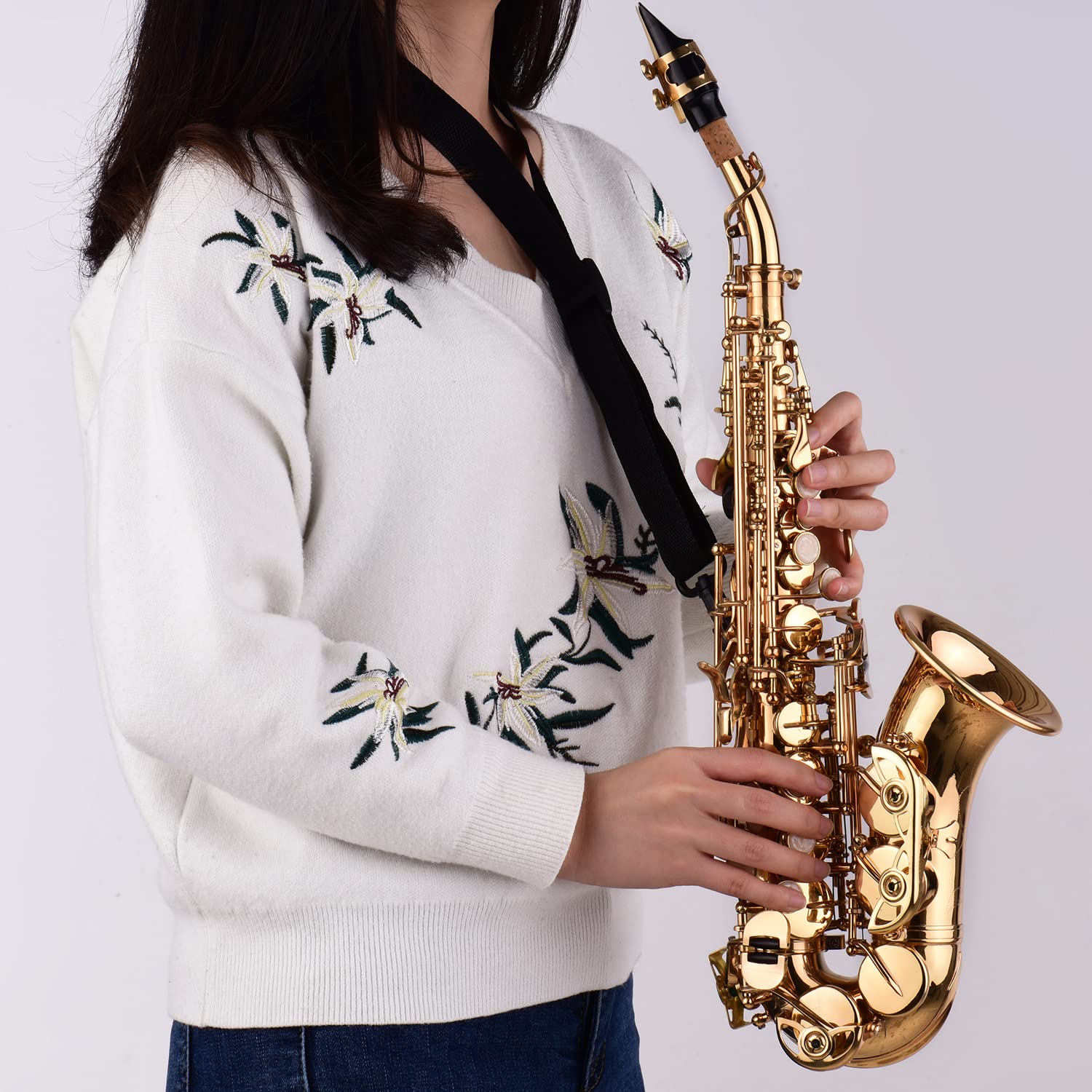 HUIOP Mini Sassofono Soprano in Sib Sax Materiale in ottone Superficie laccata dorata Strumento a fiato con custodia per il trasporto Guanti Panno per pulizia Spazzola Ance Cinghia per sax,Sassofono i
