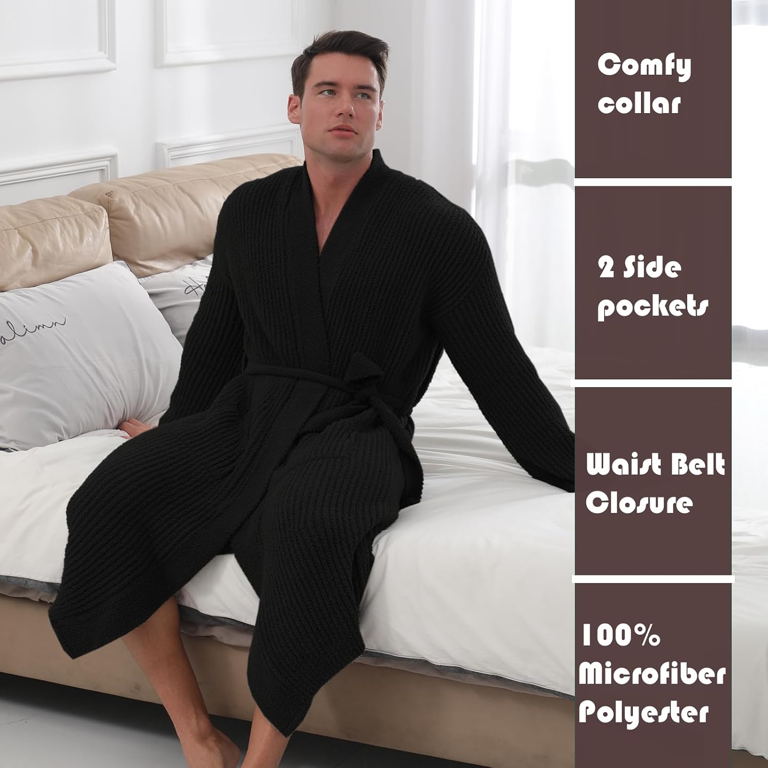 Soft Plush Hooded Robe, Cozy Warm Loungewear Bathrobe with Pockets for Men