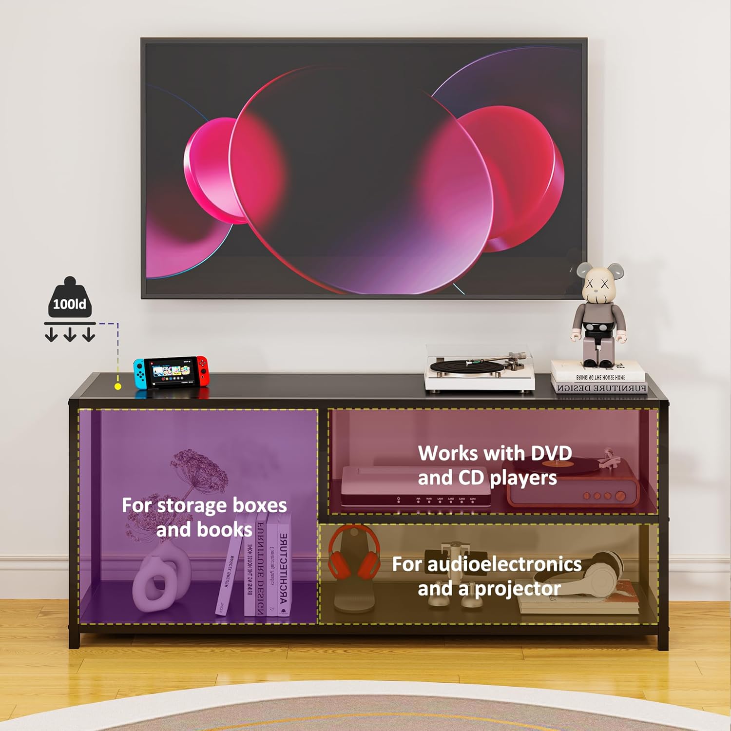 HOME BI TV Stand Model DSG110M highlighting storage areas for boxes, books, audioelectronics, and players.