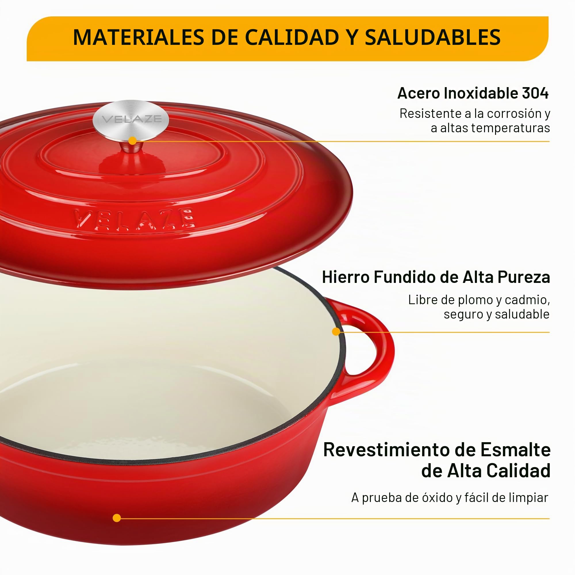 Velaze - Olla de Hierro Fundido Esmaltado con Tapa para Inducción, 30 cm, Brasea, Buen Sellado, Olla de Sopa, Revestimiento Antiadherente, Diámetro de 30 cm